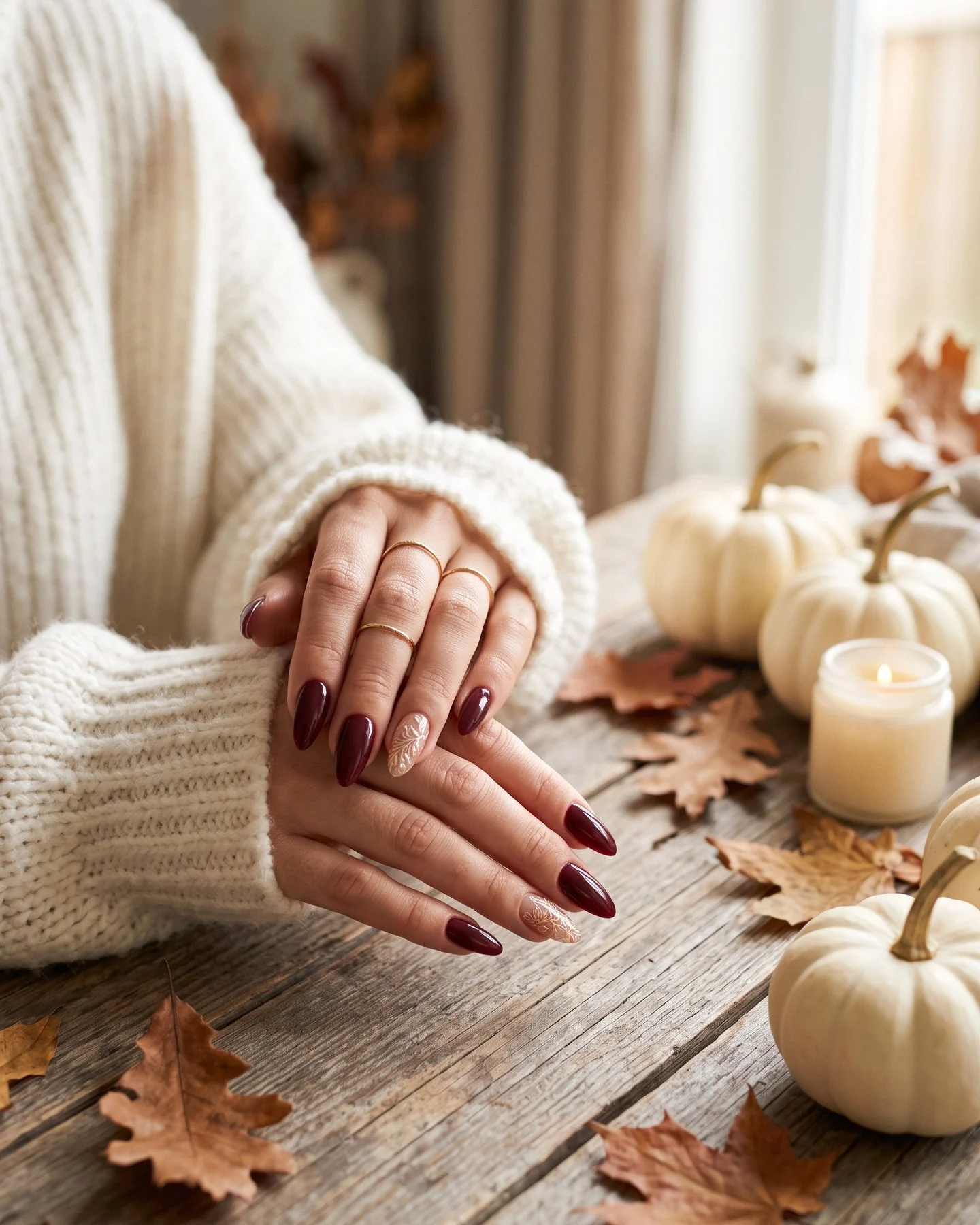 Hands with wine-red nails and a gold leaf accent beside white pumpkins and autumn leaves
