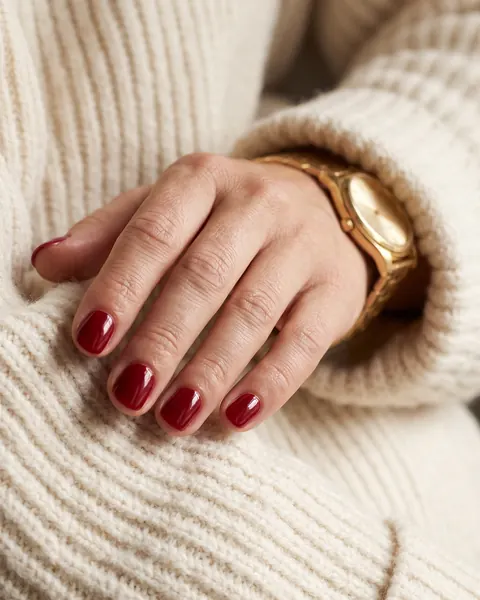 Short rounded nails in glossy cherry red on a cream sweater