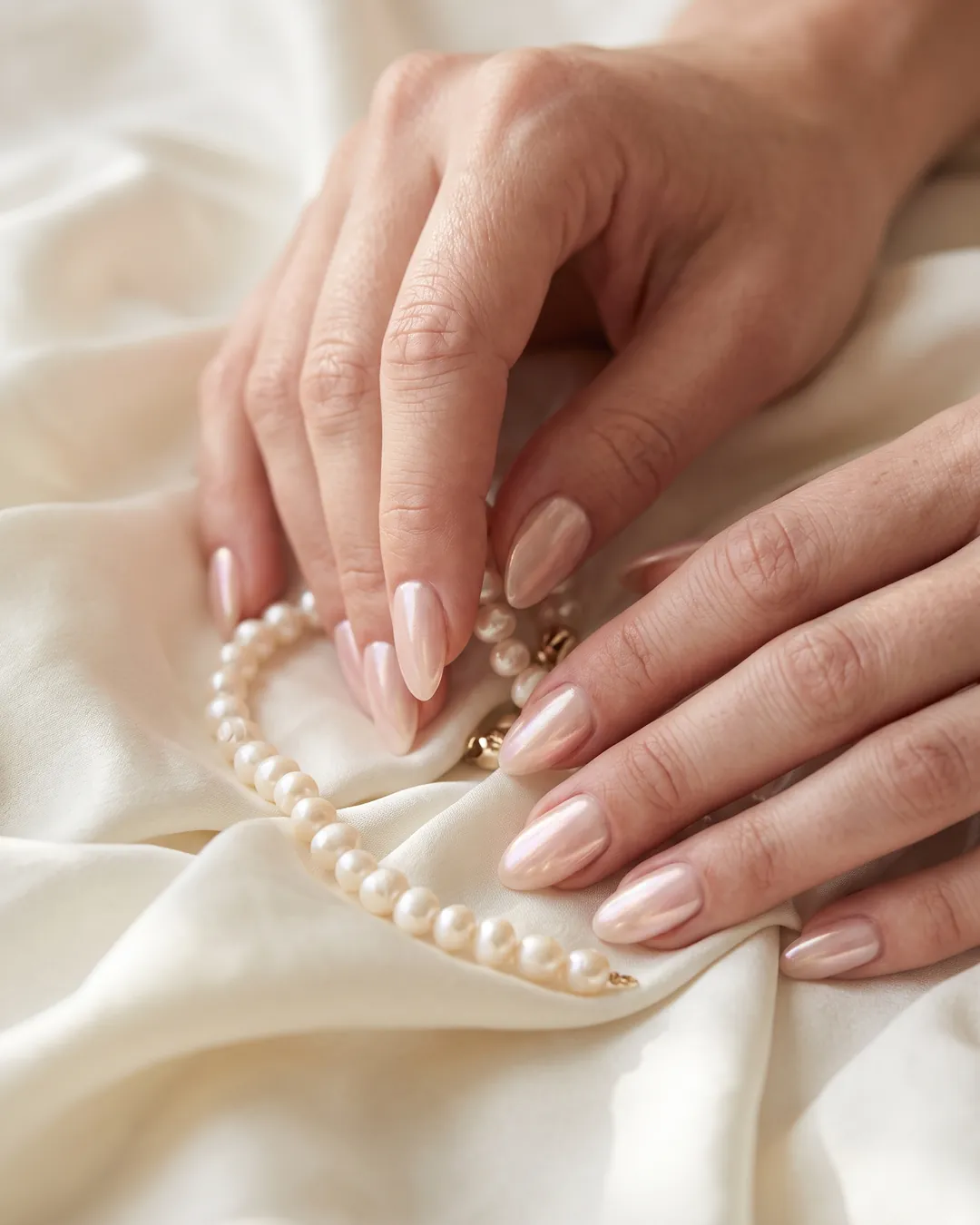 Almond nails with a pearly glazed chrome finish touching a pearl necklace