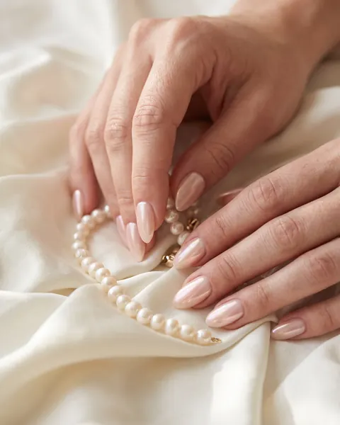 Almond nails with a pearly glazed chrome finish touching a pearl necklace
