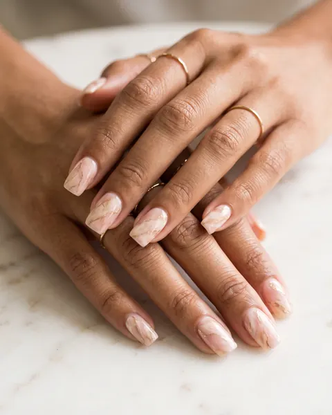 Square nails with pink and white marble art veined with gold