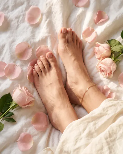 Feet with a soft pink pedicure among rose petals